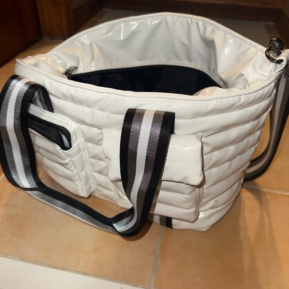 THINK ROYLN White Quilted Tote with Striped Handles